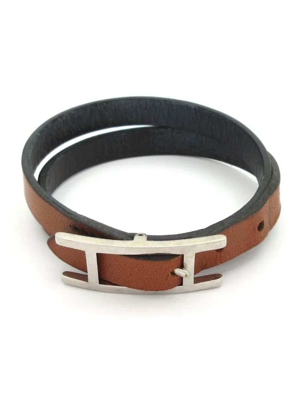 Hermes Bracelet Hapi 3 Leather Dark Brown Silver